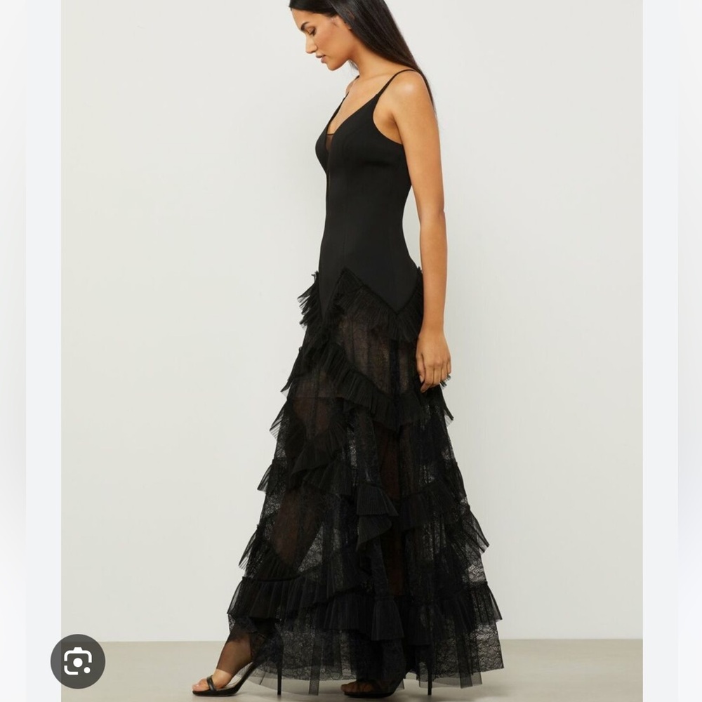 Bcbgmaxazria bcbg avaline black sheer lace ruffle maxi formal dress size 0